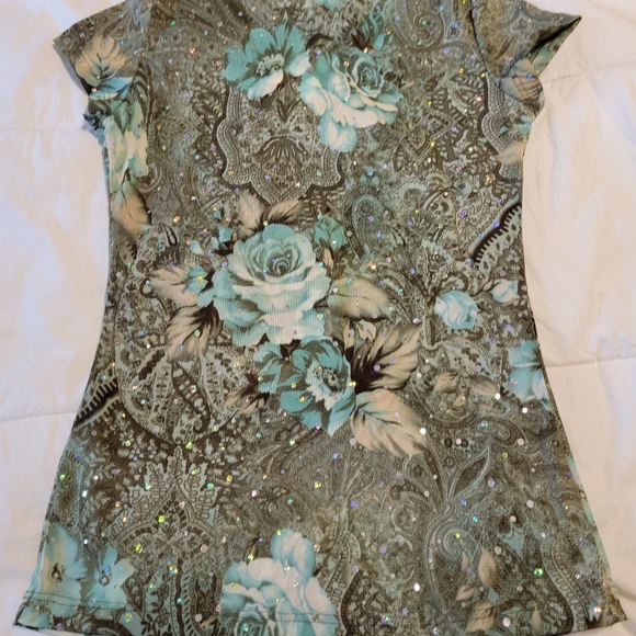 Judy Jr. Women's size small short sleeve see-through floral shirt with sparkles - Picture 8 of 12